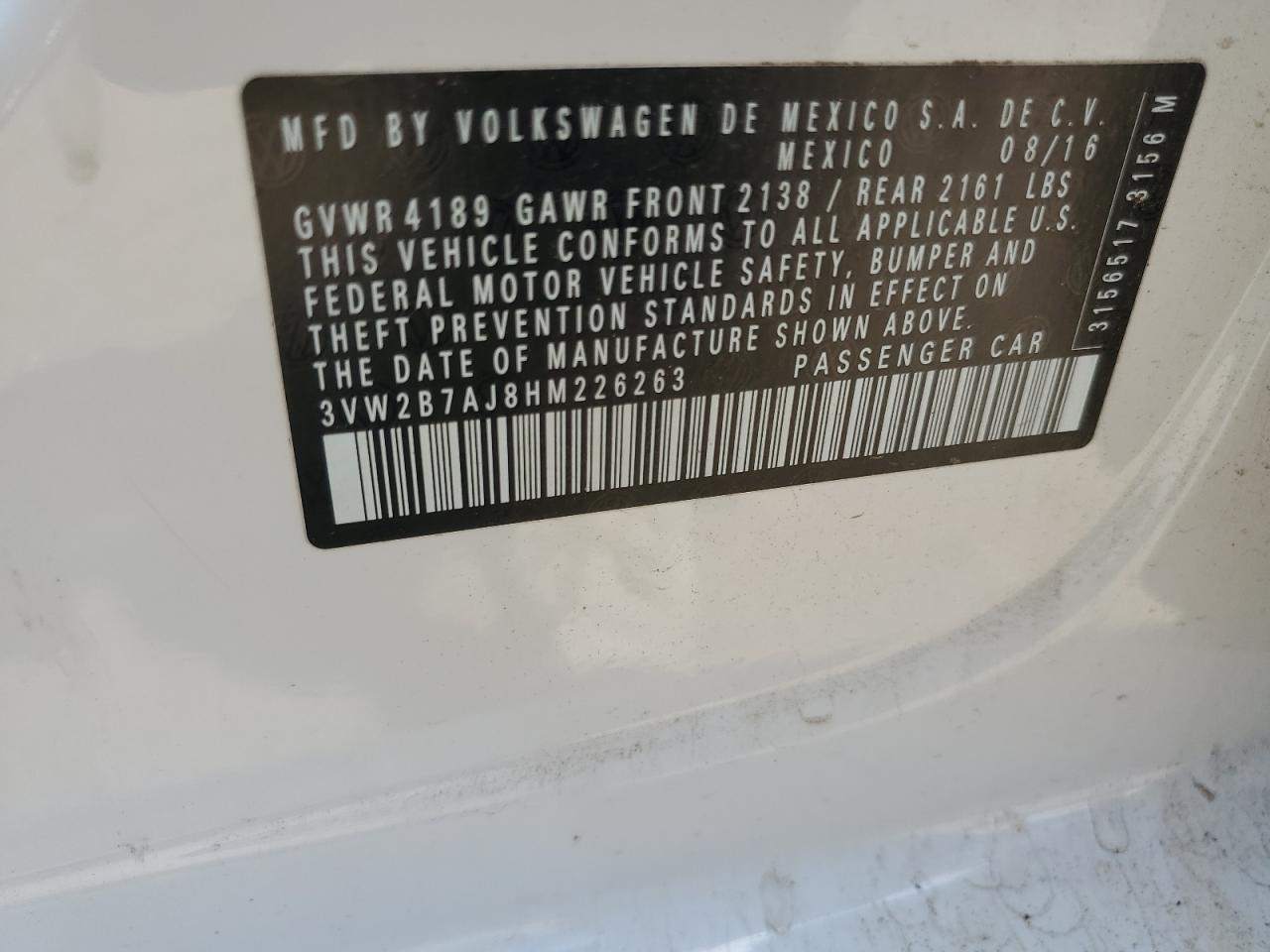 3VW2B7AJ8HM226263 2017 Volkswagen Jetta S