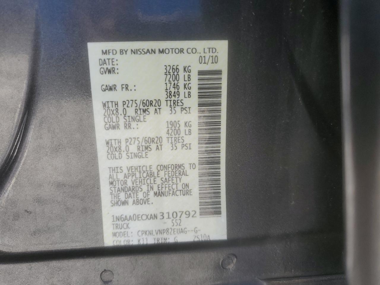 1N6AA0ECXAN310792 2010 Nissan Titan Xe