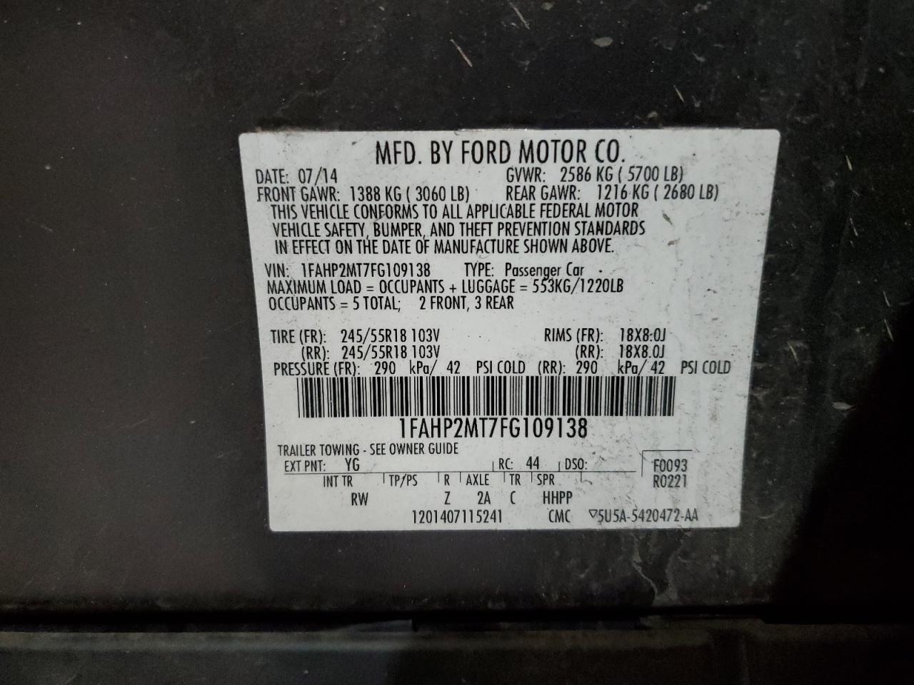 1FAHP2MT7FG109138 2015 Ford Taurus Police Interceptor