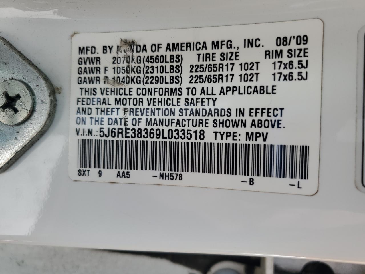 5J6RE38369L033518 2009 Honda Cr-V Lx