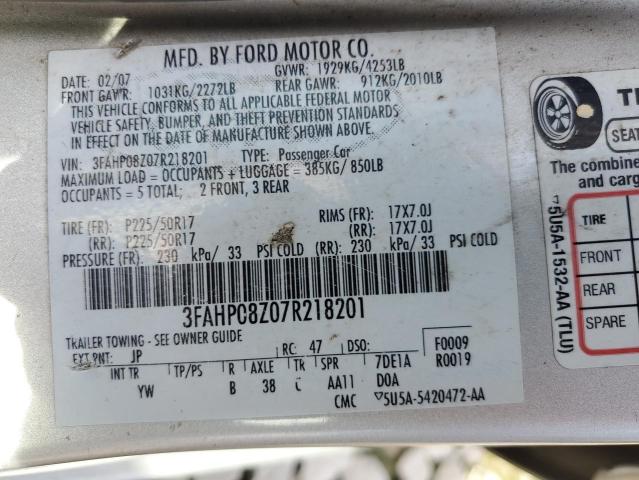 2007 Ford Fusion Sel VIN: 3FAHP08Z07R218201 Lot: 59326594