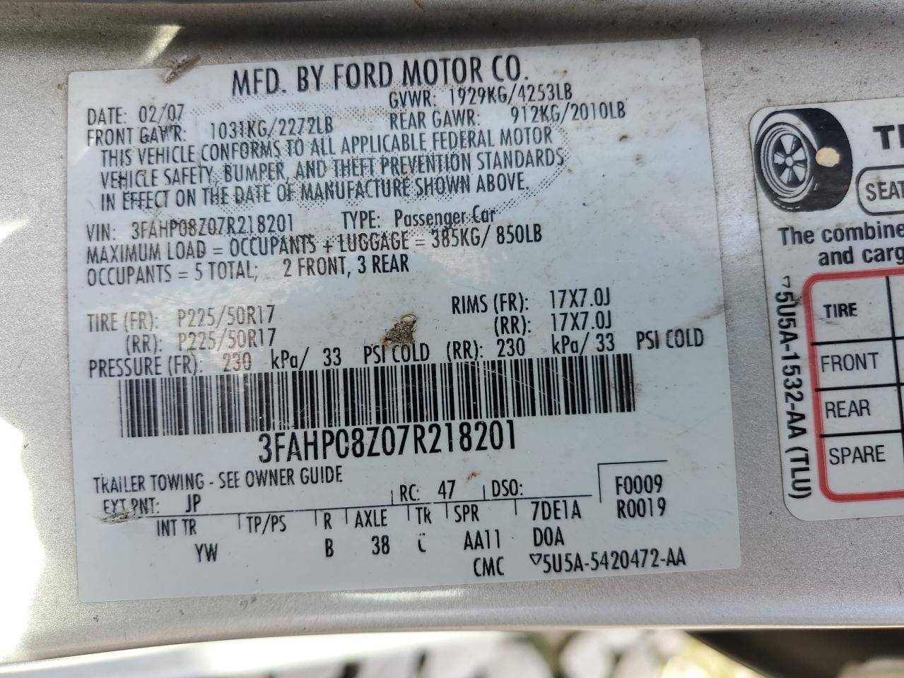 3FAHP08Z07R218201 2007 Ford Fusion Sel
