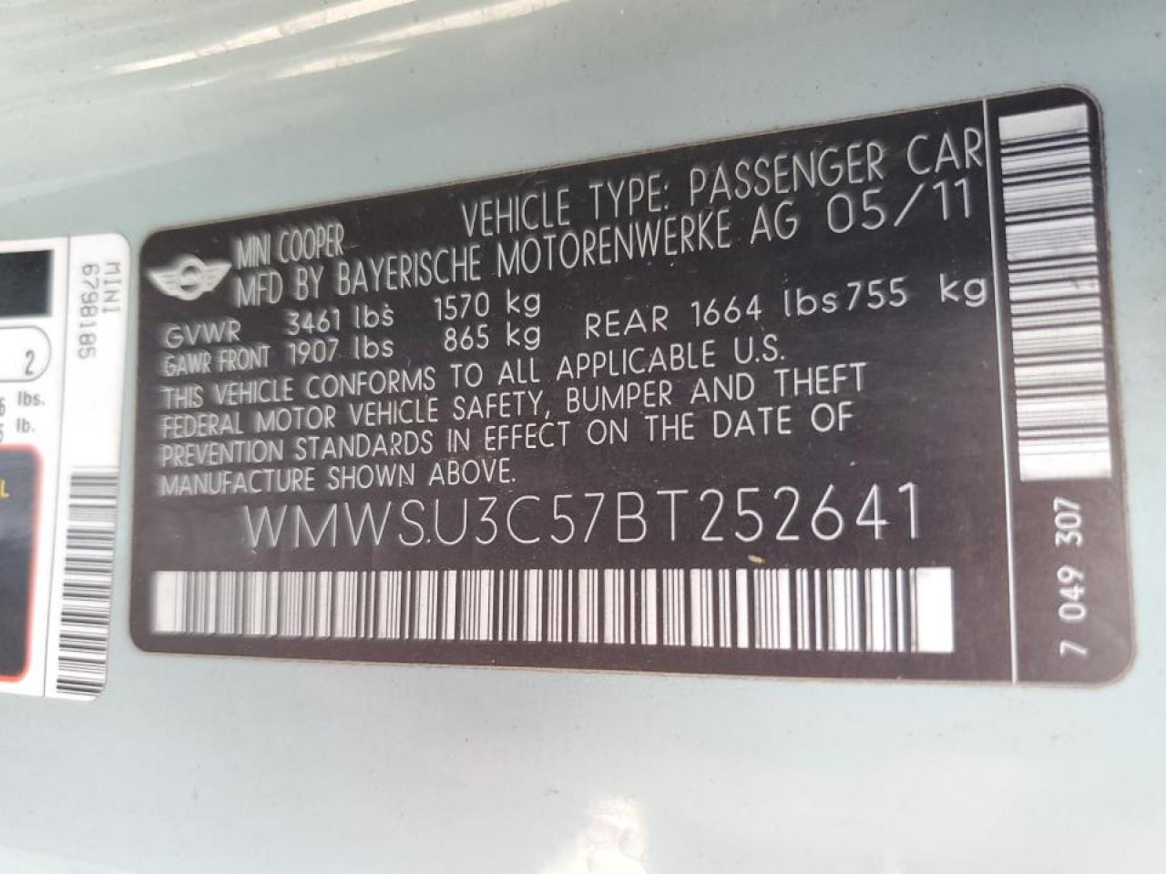 WMWSU3C57BT252641 2011 Mini Cooper