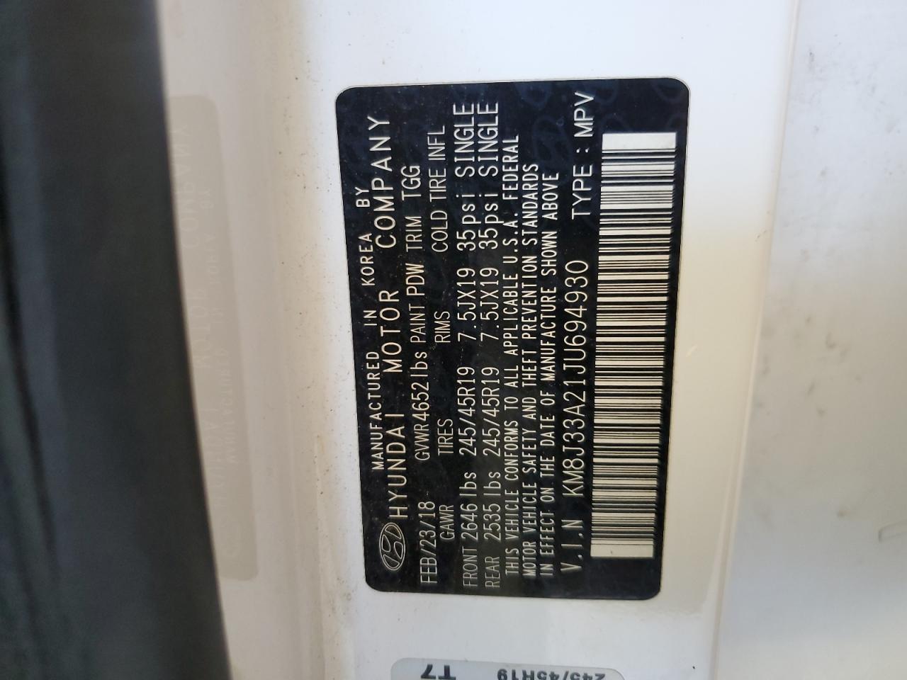 KM8J33A21JU694930 2018 Hyundai Tucson Value