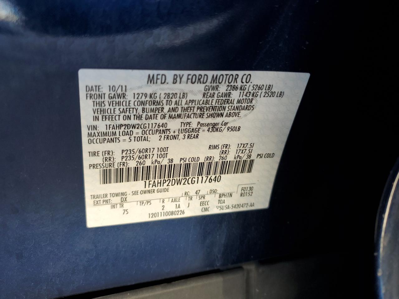 1FAHP2DW2CG117640 2012 Ford Taurus Se