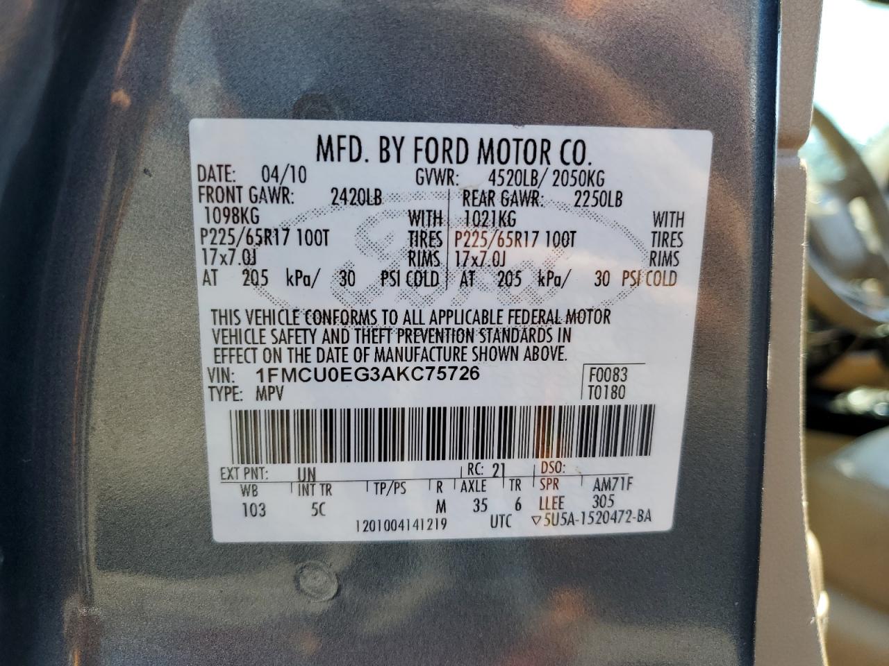 1FMCU0EG3AKC75726 2010 Ford Escape Limited