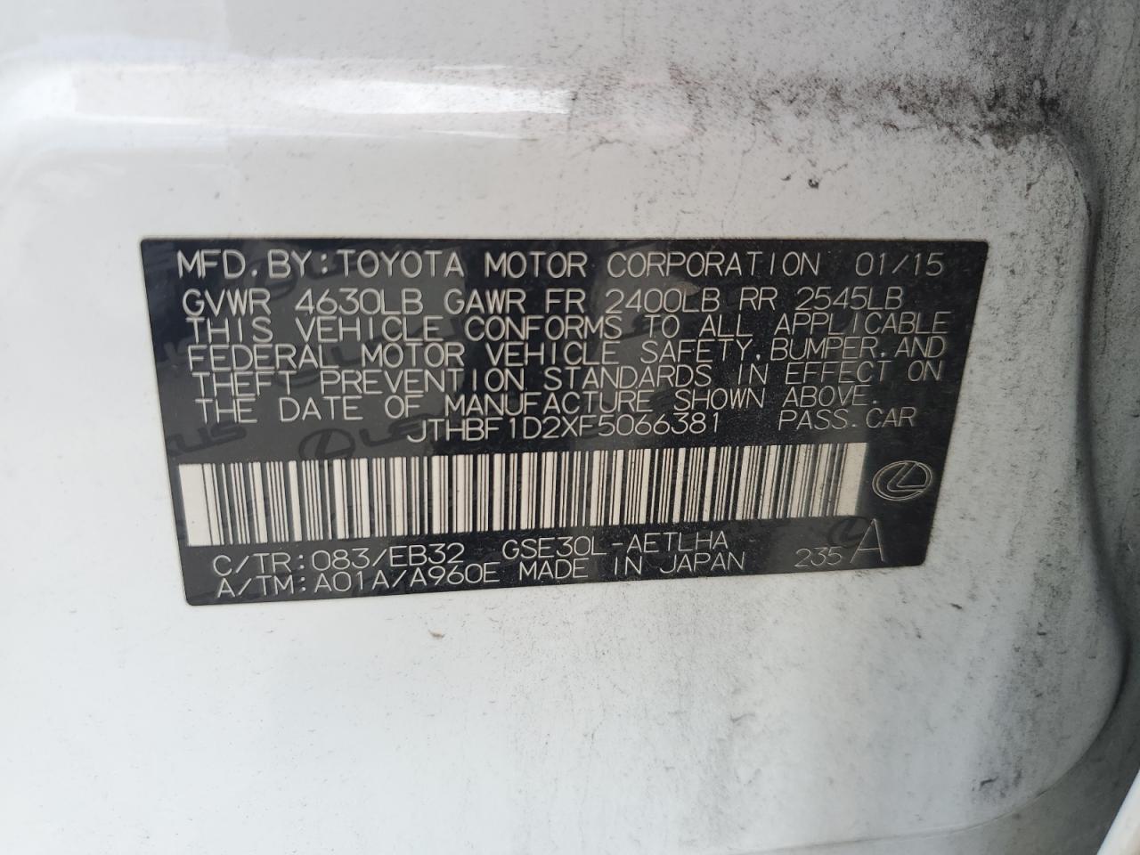 JTHBF1D2XF5066381 2015 Lexus Is 250