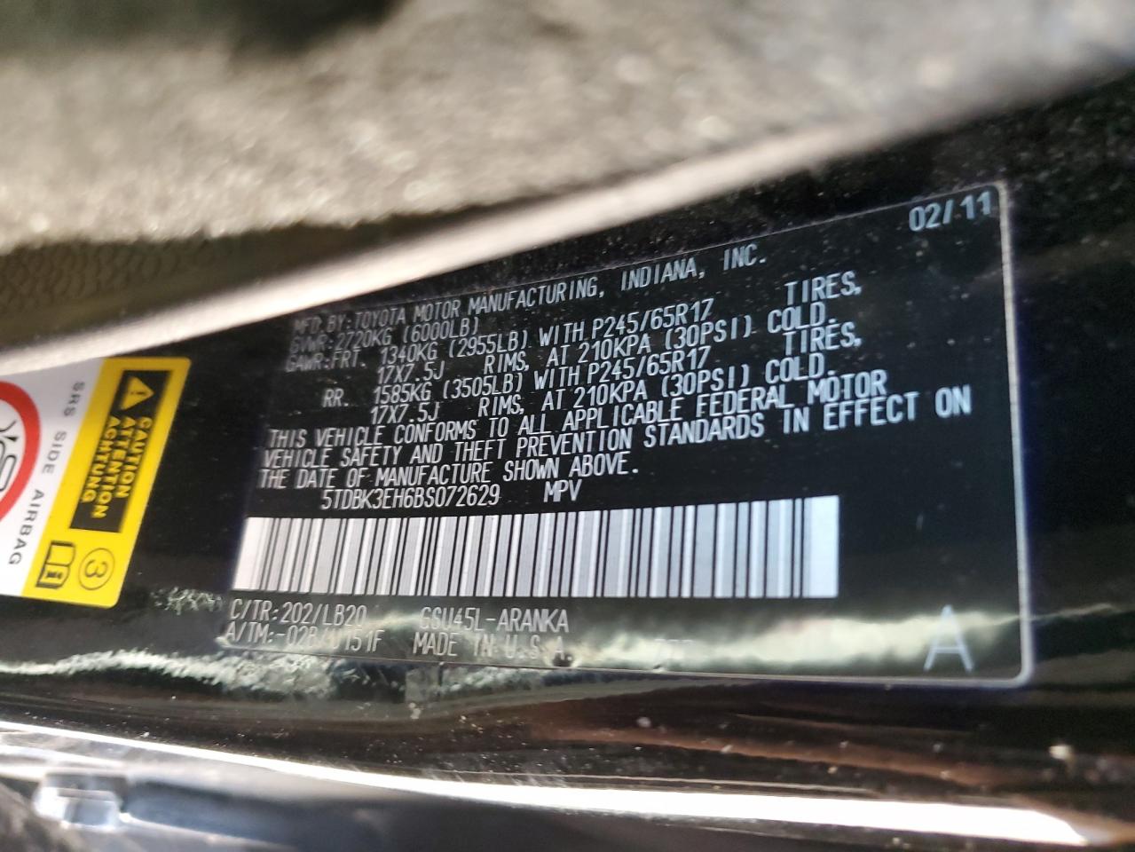 5TDBK3EH6BS072629 2011 Toyota Highlander Base