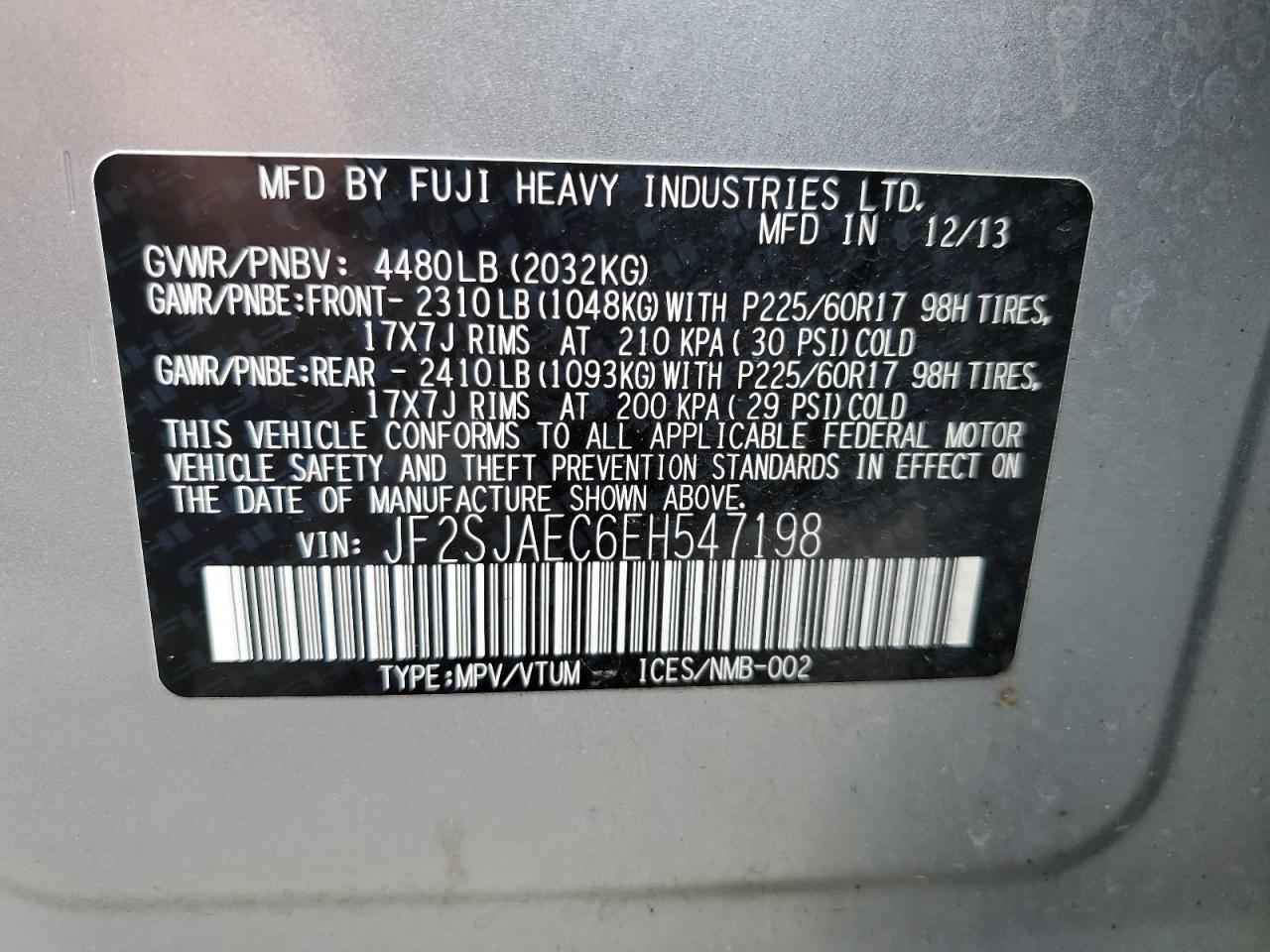 JF2SJAEC6EH547198 2014 Subaru Forester 2.5I Premium