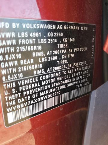 2011 Volkswagen Tiguan S VIN: WVGBV7AX0BW001210 Lot: 61099314