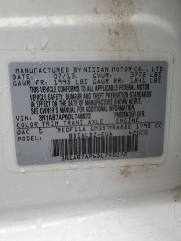 2013 Nissan Sentra S VIN: 3N1AB7AP6DL748072 Lot: 62227034