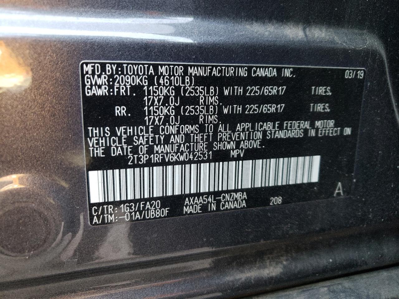 2T3P1RFV6KW042531 2019 Toyota Rav4 Xle