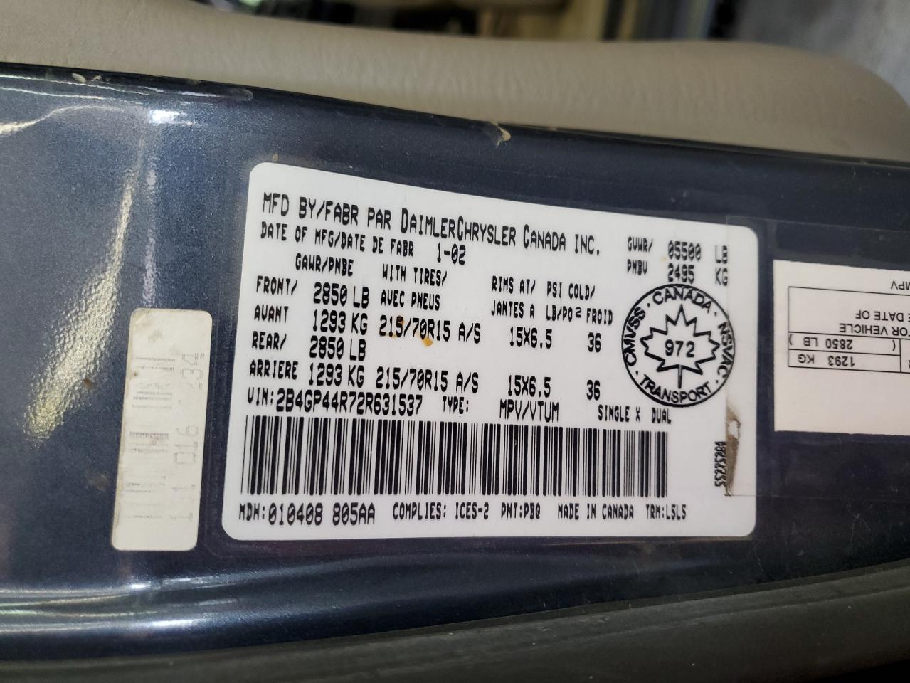 2B4GP44R72R631537 2002 Dodge Grand Caravan Sport