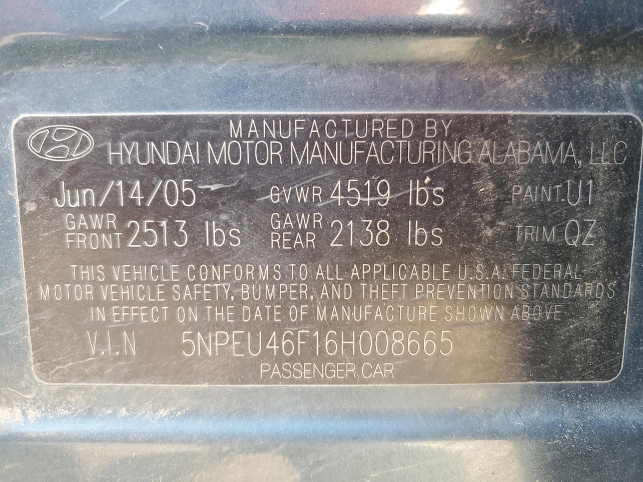 5NPEU46F16H008665 2006 Hyundai Sonata Gls