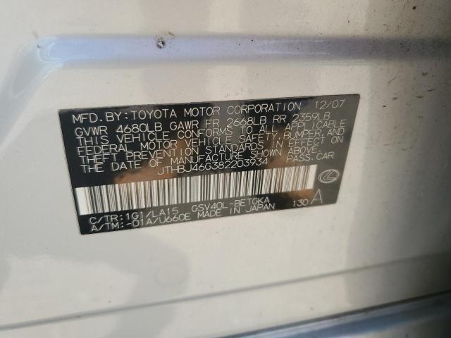 2008 Lexus Es 350 VIN: JTHBJ46G382203934 Lot: 61660444