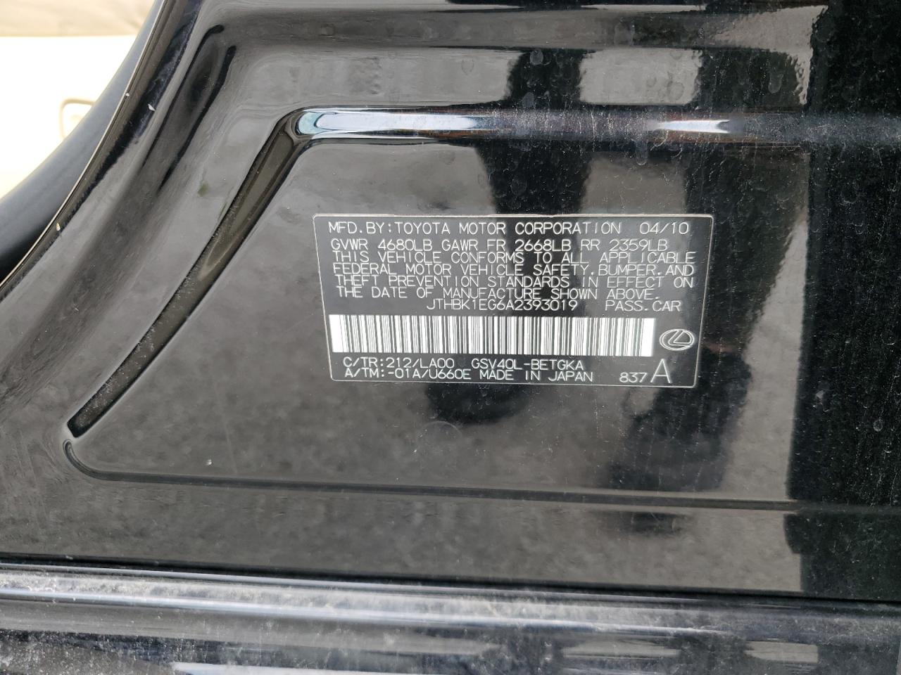 JTHBK1EG6A2393019 2010 Lexus Es 350