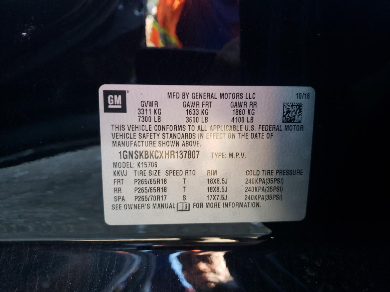 1GNSKBKCXHR137807 2017 Chevrolet Tahoe K1500 Lt