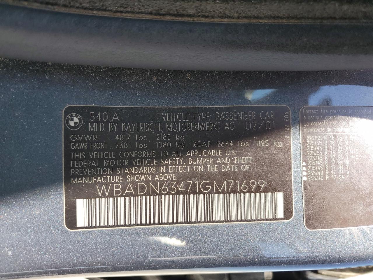 WBADN63471GM71699 2001 BMW 540 I Automatic