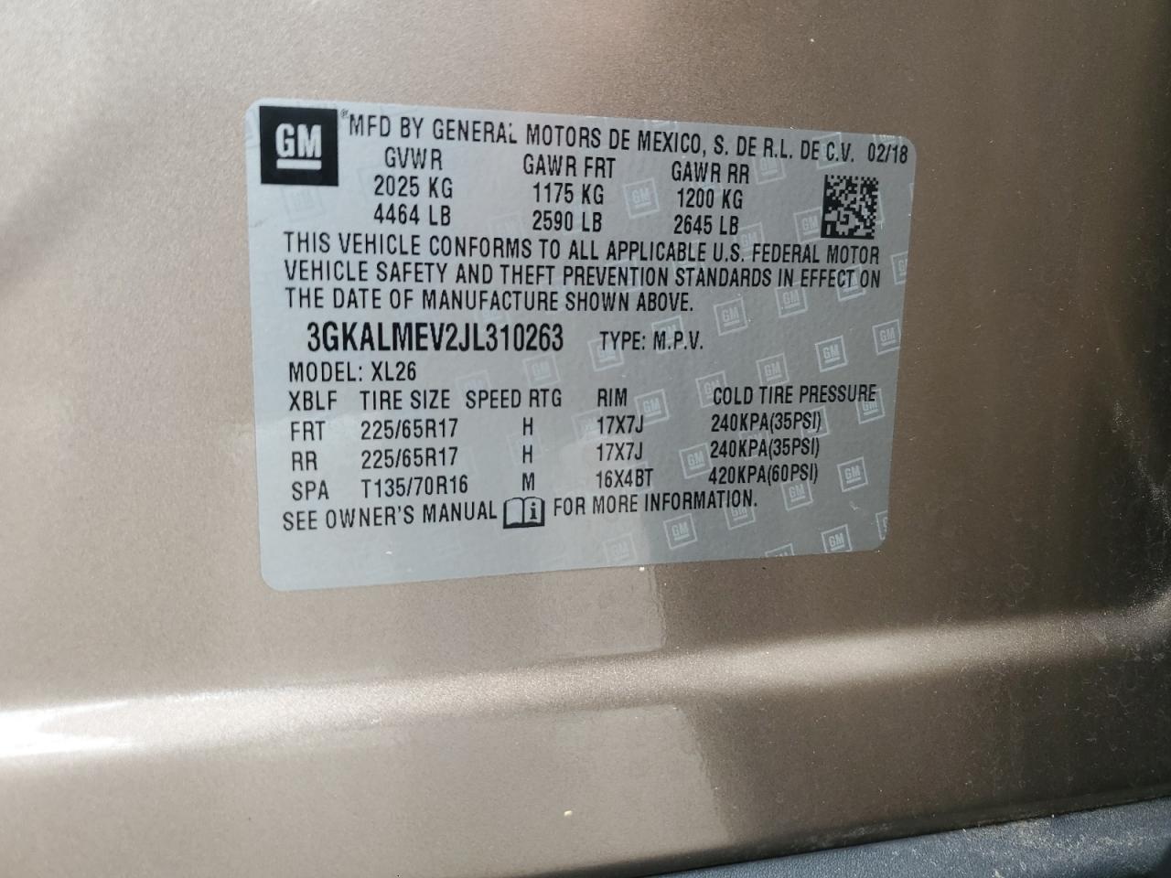 3GKALMEV2JL310263 2018 GMC Terrain Sle