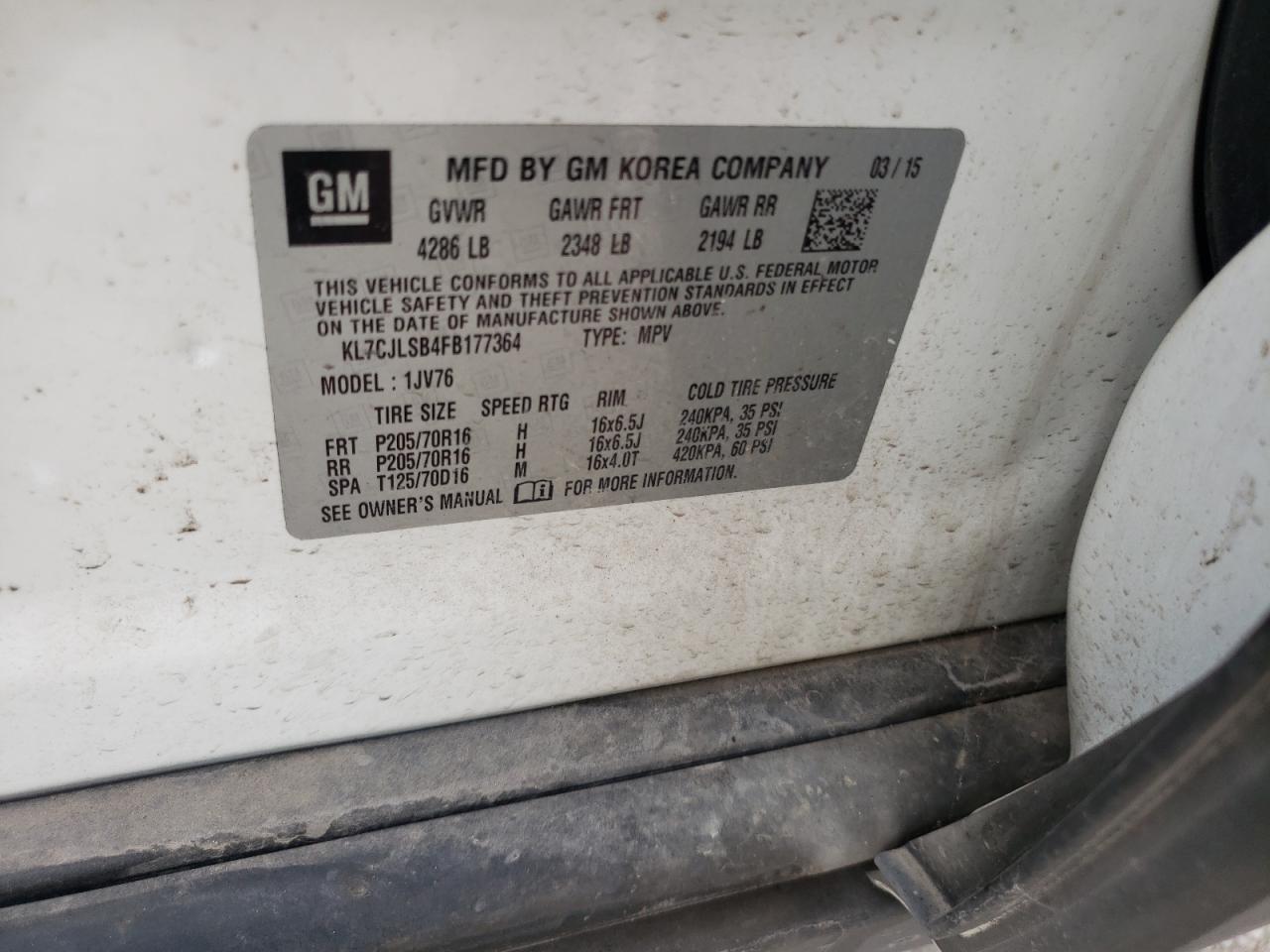 KL7CJLSB4FB177364 2015 Chevrolet Trax 1Lt