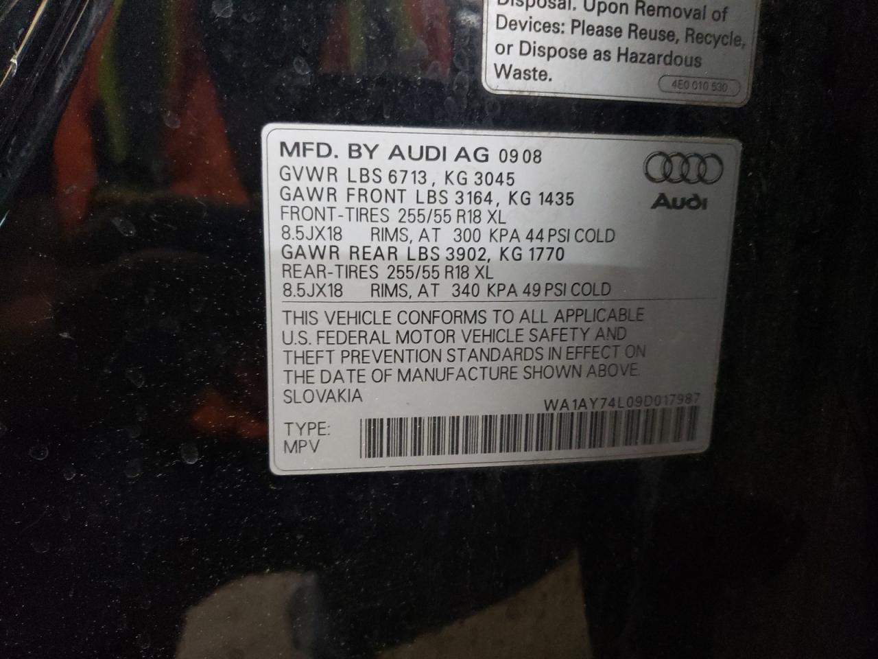 WA1AY74L09D017987 2009 Audi Q7 3.6 Quattro