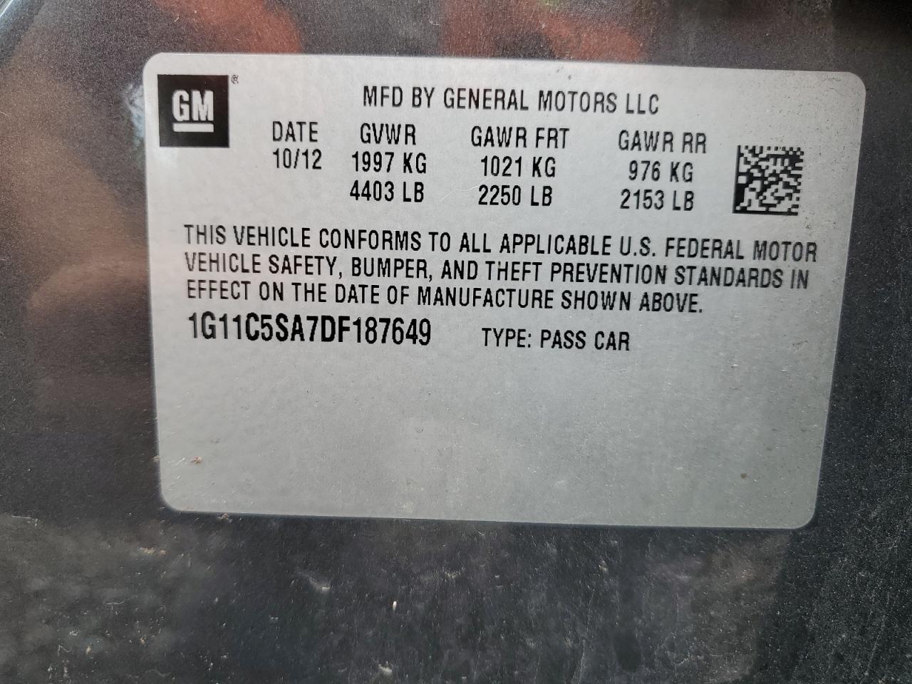 1G11C5SA7DF187649 2013 Chevrolet Malibu 1Lt