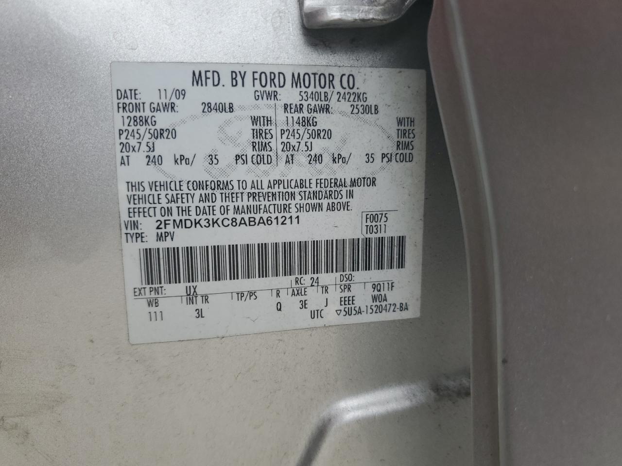 2FMDK3KC8ABA61211 2010 Ford Edge Limited