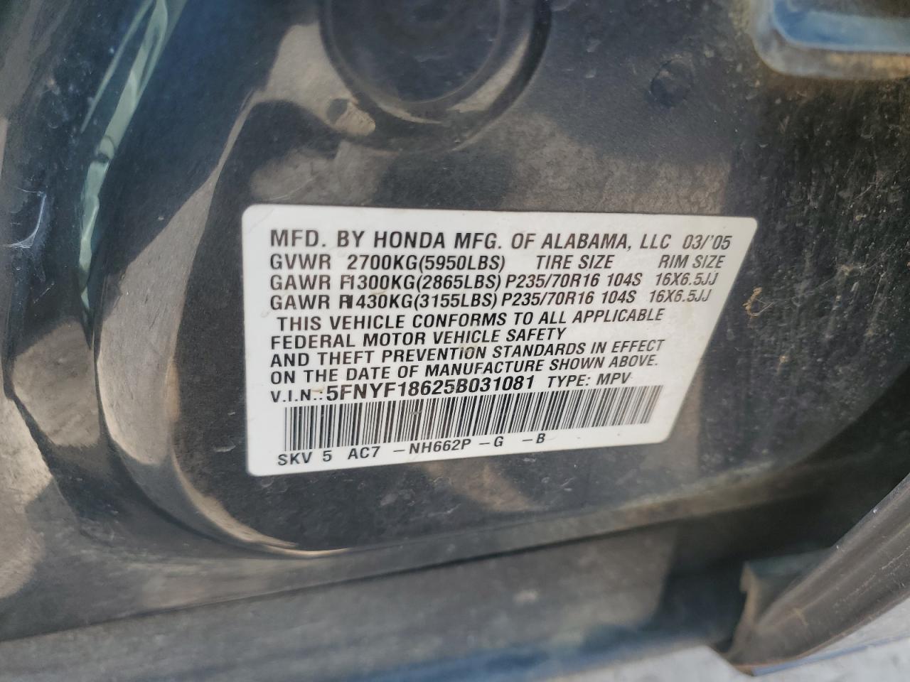 5FNYF18625B031081 2005 Honda Pilot Exl