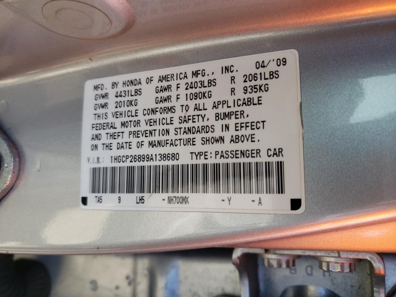 1HGCP26899A138680 2009 Honda Accord Exl