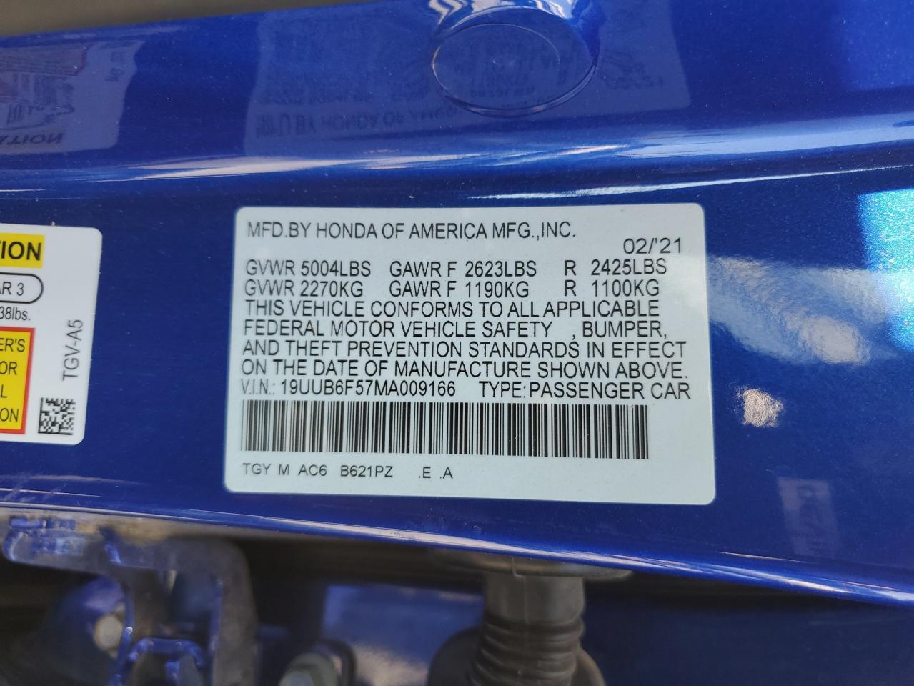 19UUB6F57MA009166 2021 Acura Tlx Tech A