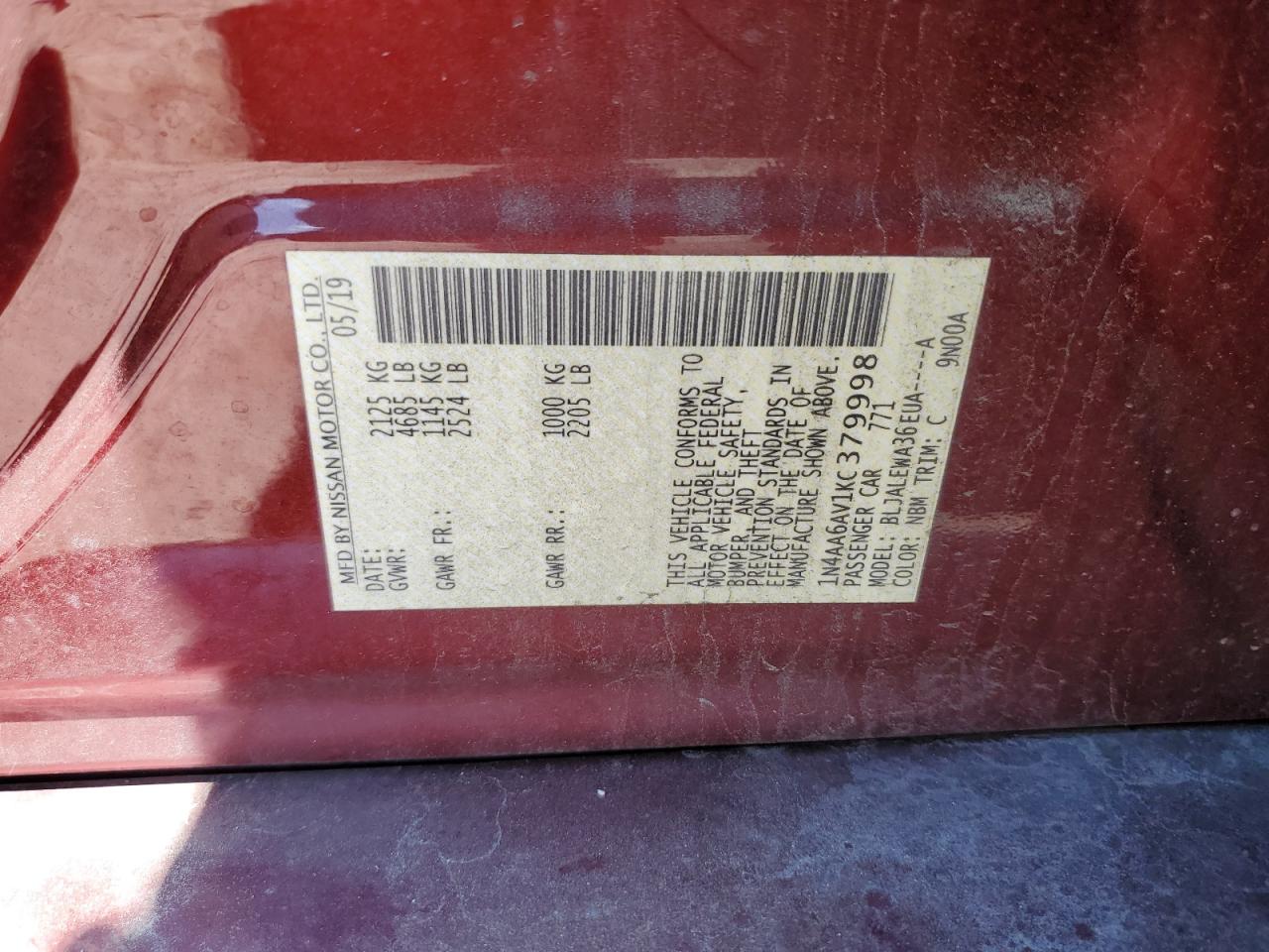 1N4AA6AV1KC379998 2019 Nissan Maxima S