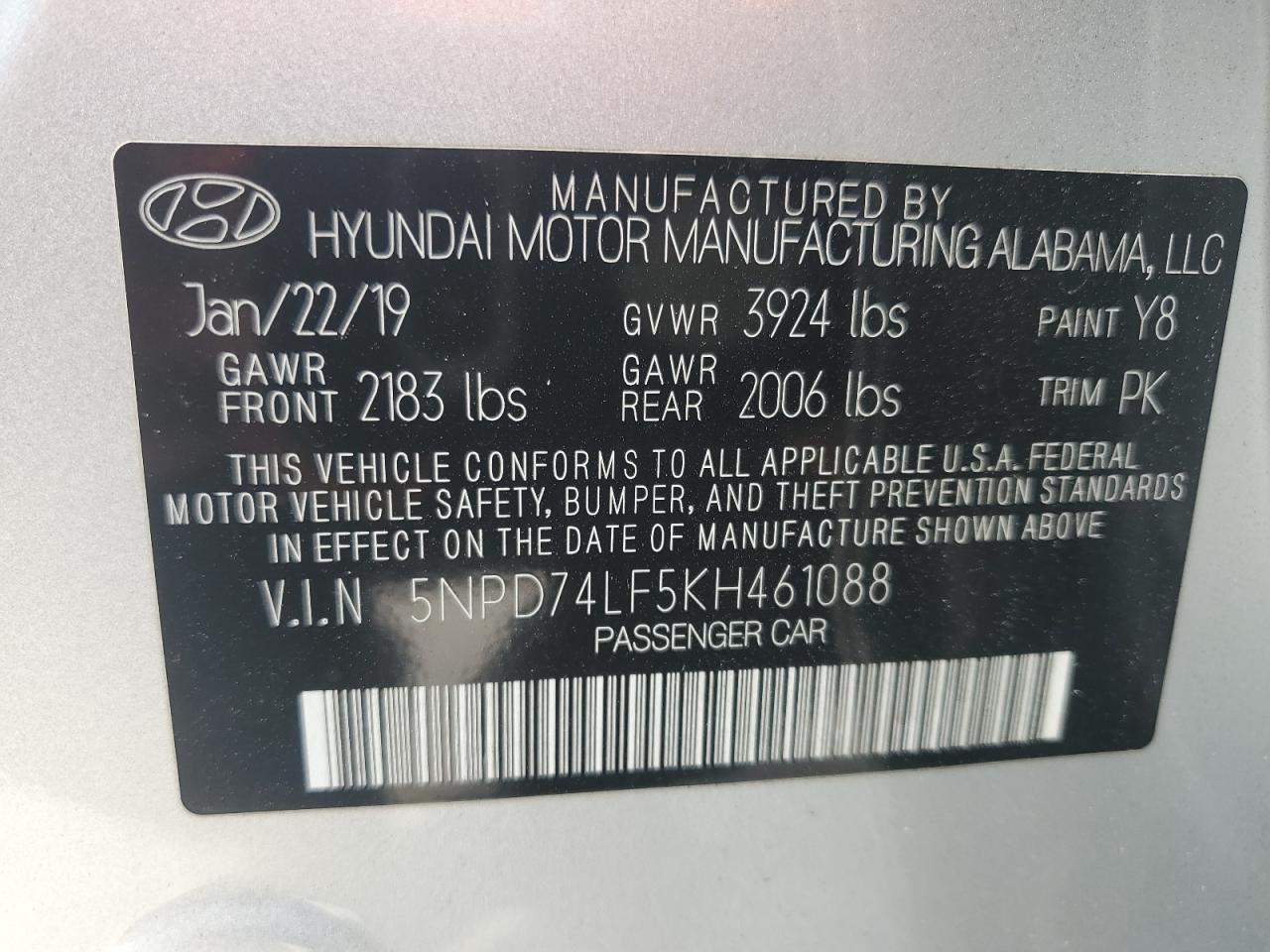 5NPD74LF5KH461088 2019 Hyundai Elantra Se