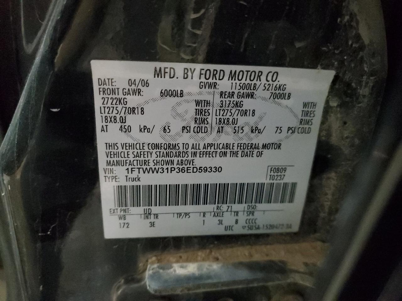 1FTWW31P36ED59330 2006 Ford F350 Srw Super Duty