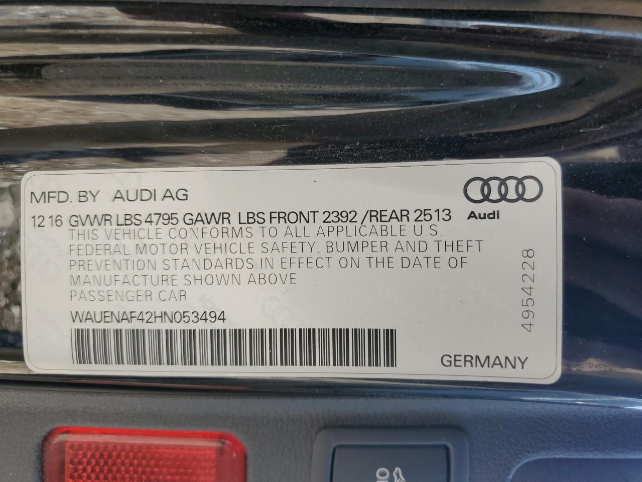 WAUENAF42HN053494 2017 Audi A4 Premium Plus