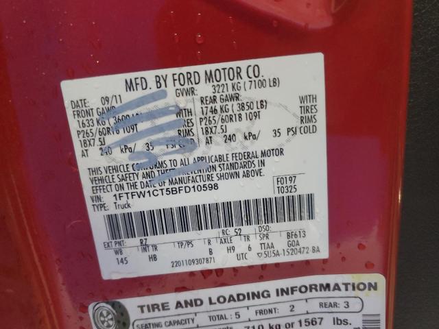 2011 Ford F150 Supercrew VIN: 1FTFW1CT5BFD10598 Lot: 61296344