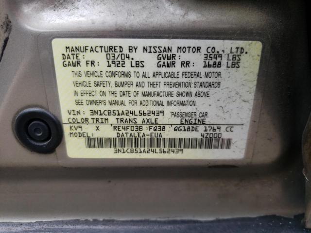 2004 Nissan Sentra 1.8S VIN: 3N1CB51A24L562439 Lot: 62143734
