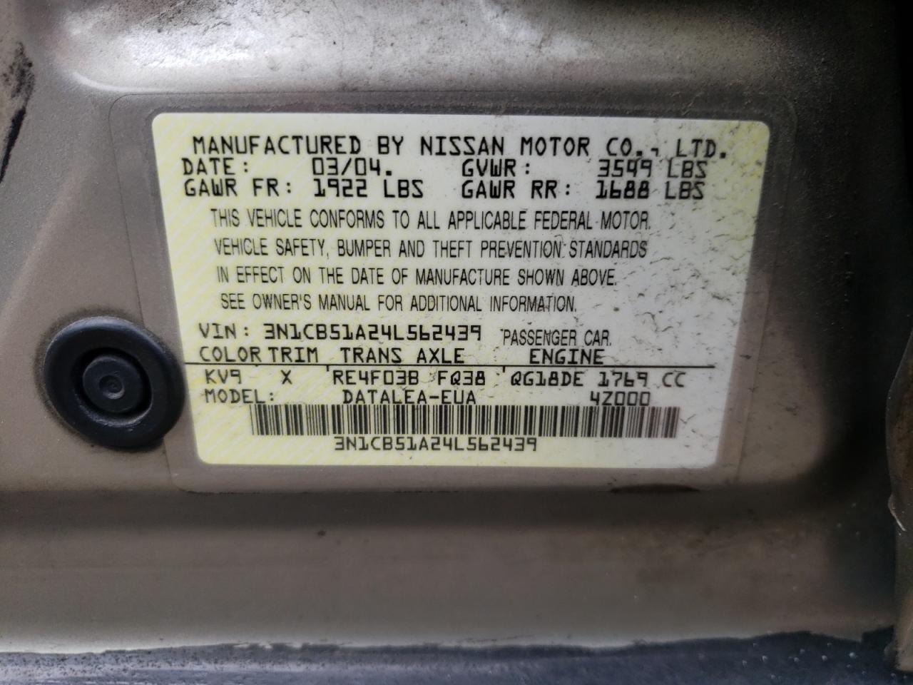 3N1CB51A24L562439 2004 Nissan Sentra 1.8S