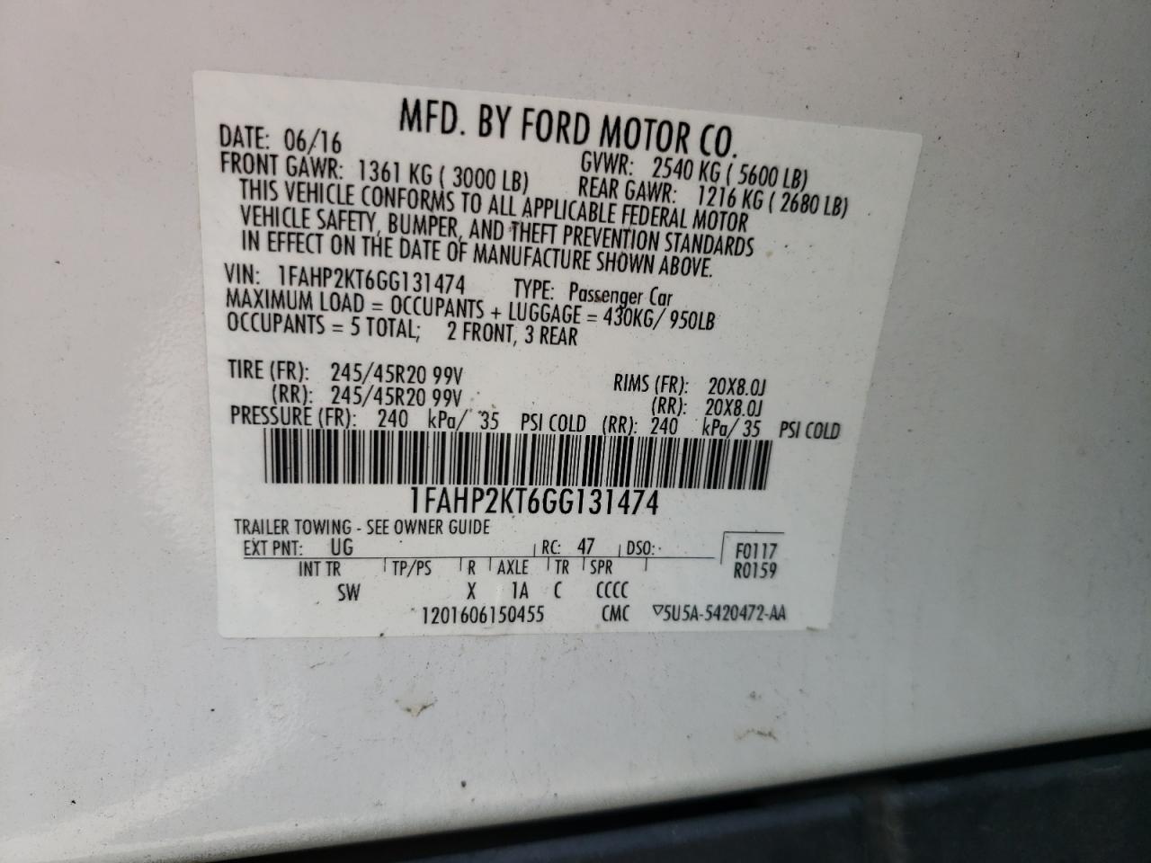 1FAHP2KT6GG131474 2016 Ford Taurus Sho