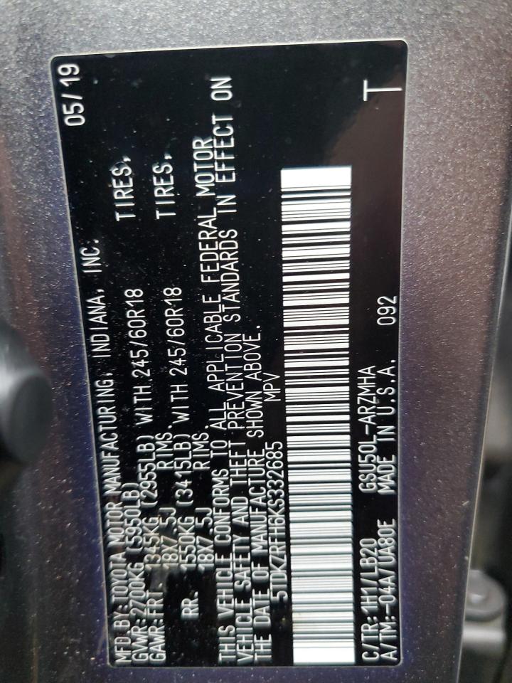 5TDKZRFH6KS332685 2019 Toyota Highlander Se