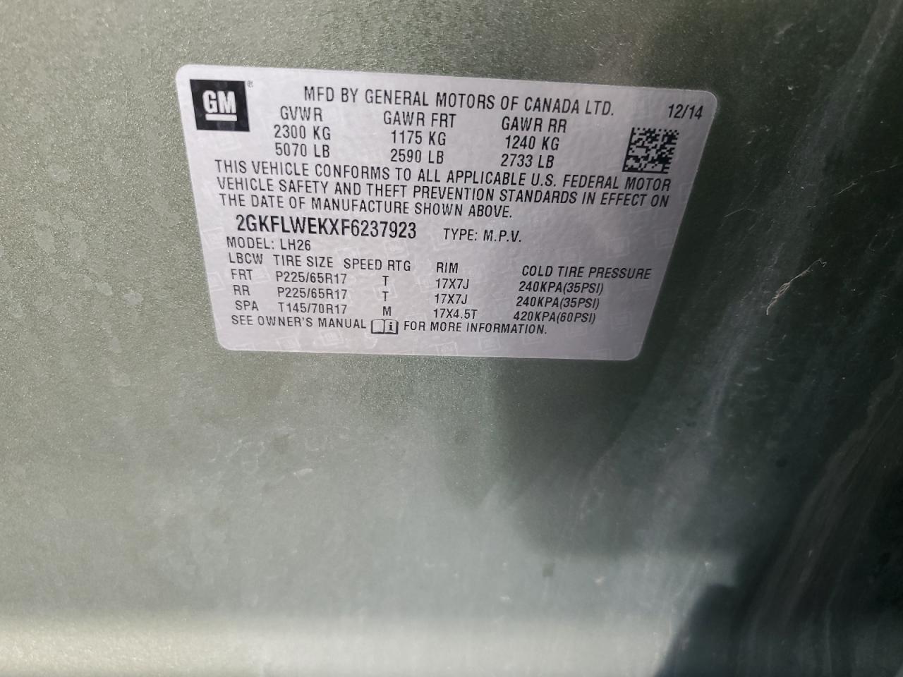 2GKFLWEKXF6237923 2015 GMC Terrain Sle