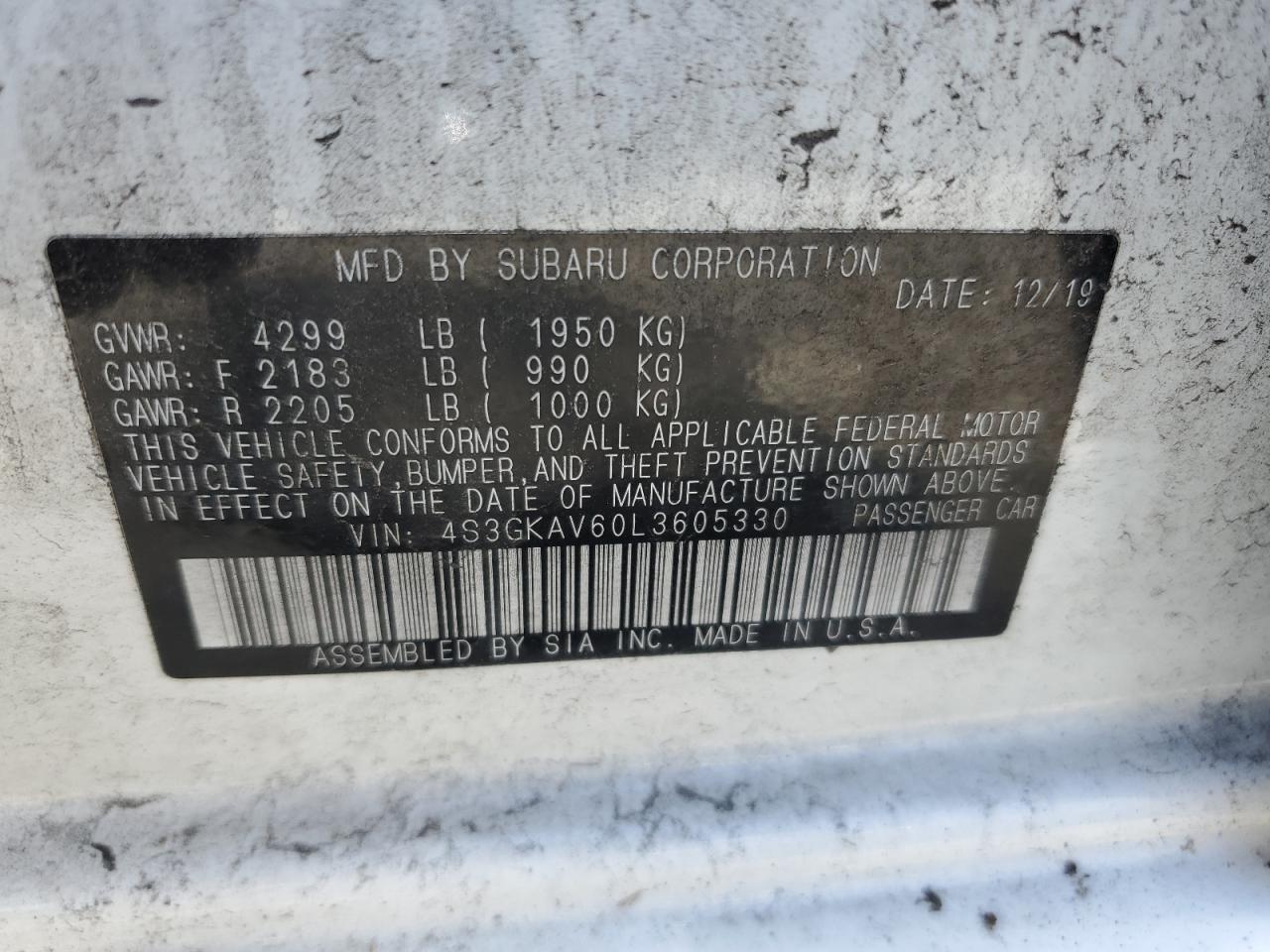 4S3GKAV60L3605330 2020 Subaru Impreza Premium