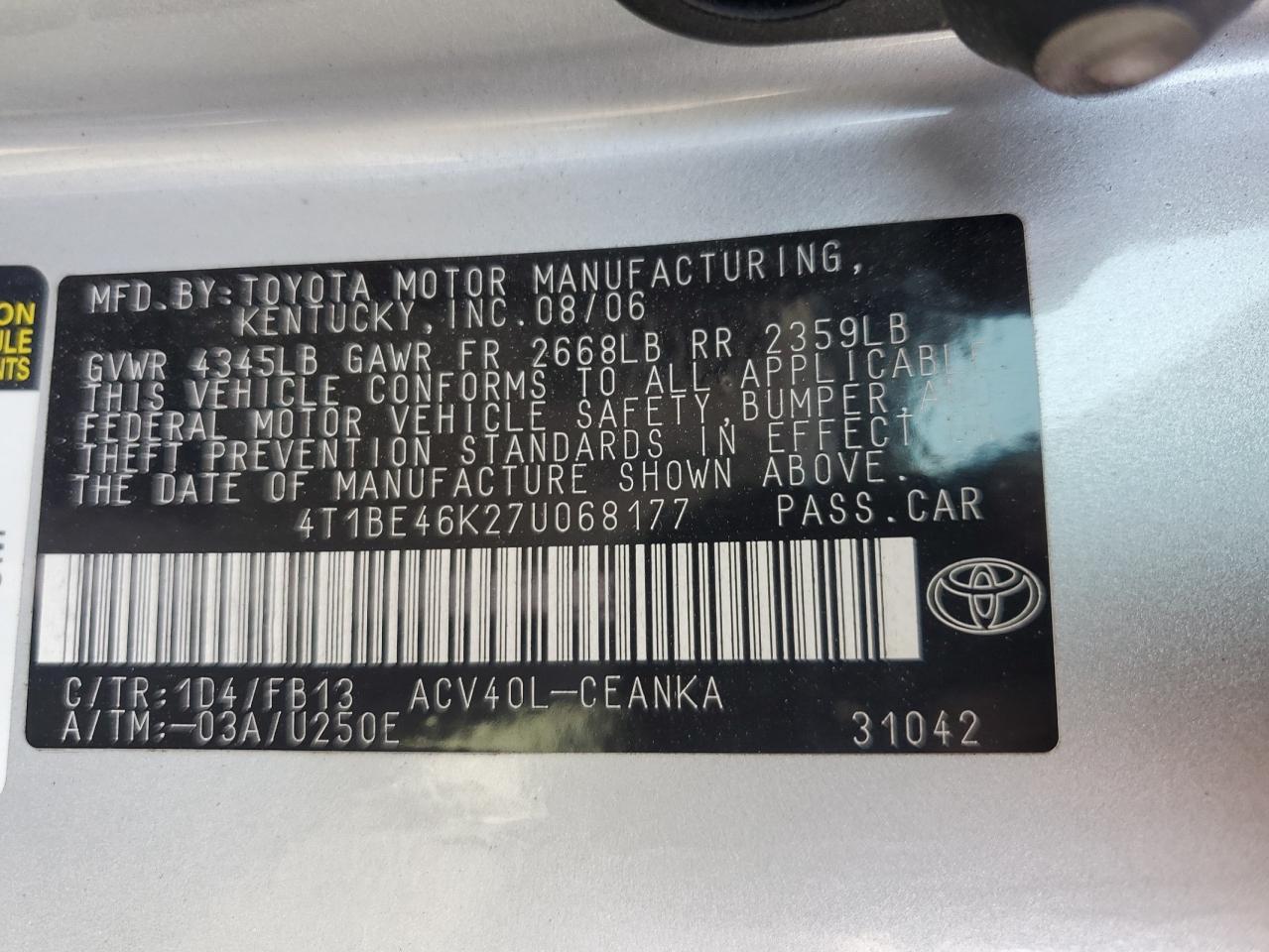 4T1BE46K27U068177 2007 Toyota Camry Ce