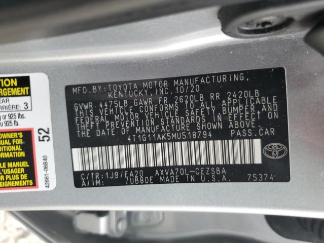 VIN 4T1G11AK5MU518794 2021 Toyota Camry, SE no.12