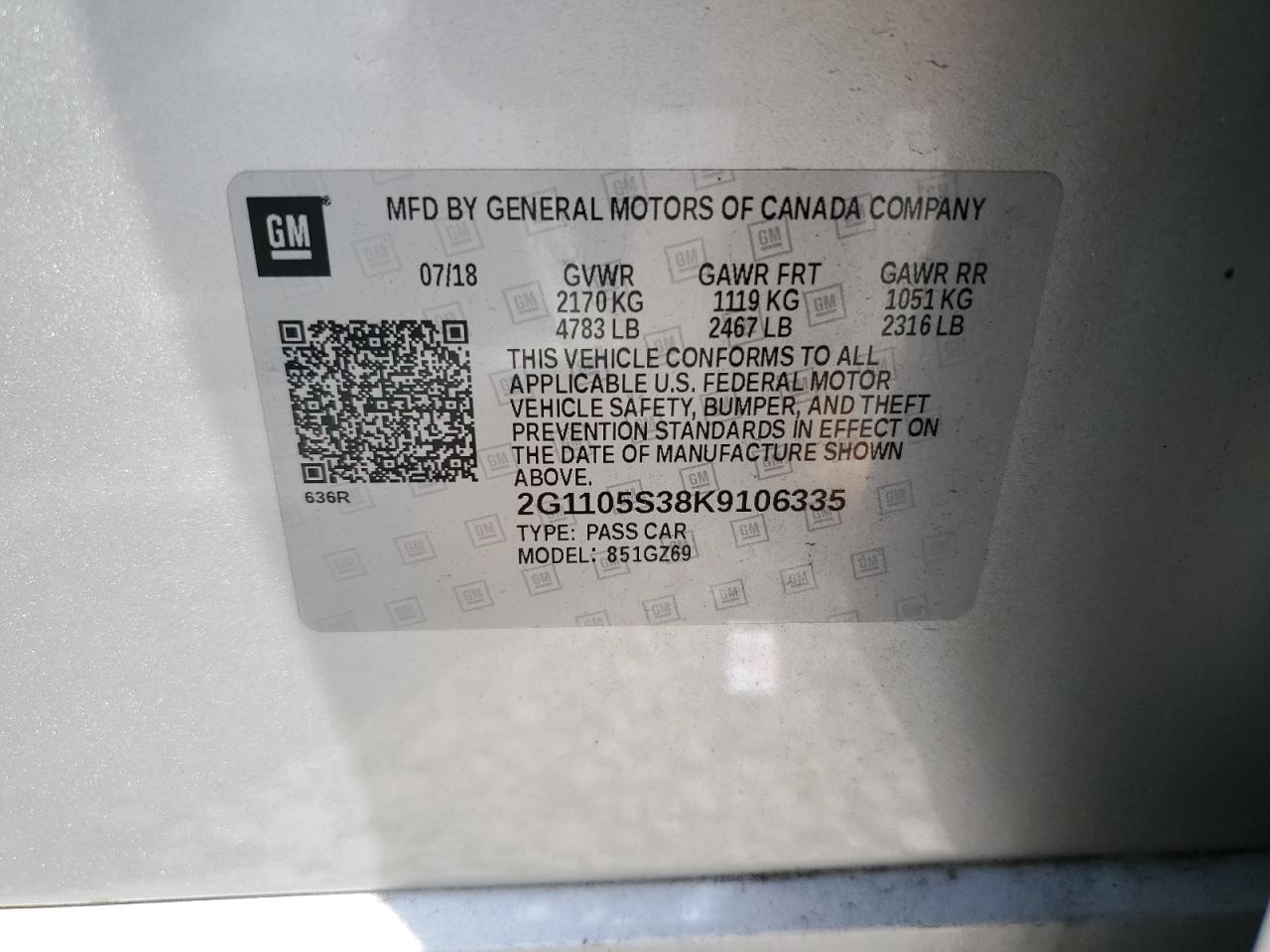 2G1105S38K9106335 2019 Chevrolet Impala Premier