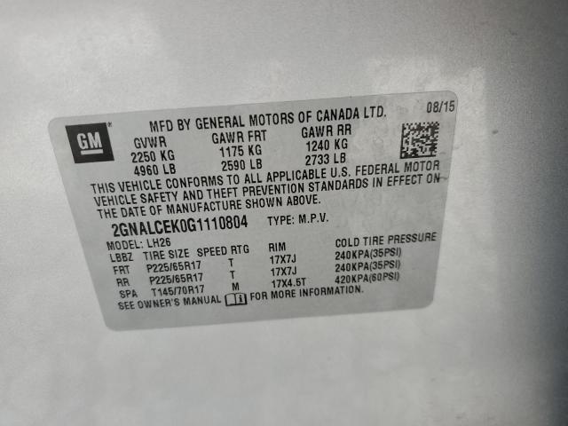 2016 Chevrolet Equinox Lt VIN: 2GNALCEK0G1110804 Lot: 61600174