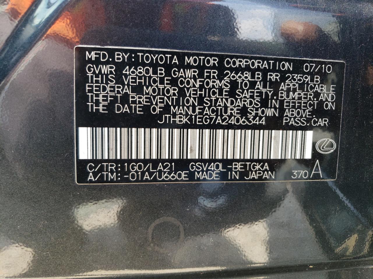JTHBK1EG7A2406344 2010 Lexus Es 350