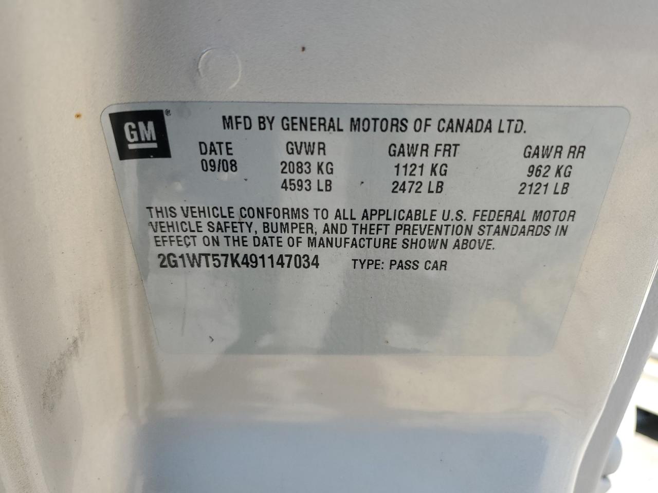 2G1WT57K491147034 2009 Chevrolet Impala 1Lt