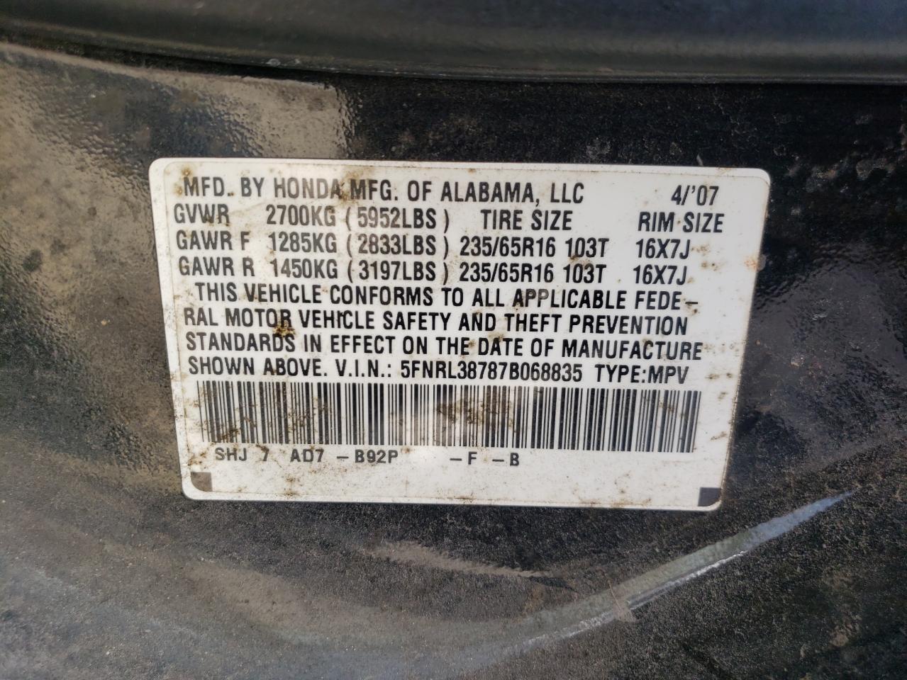 5FNRL38787B068835 2007 Honda Odyssey Exl