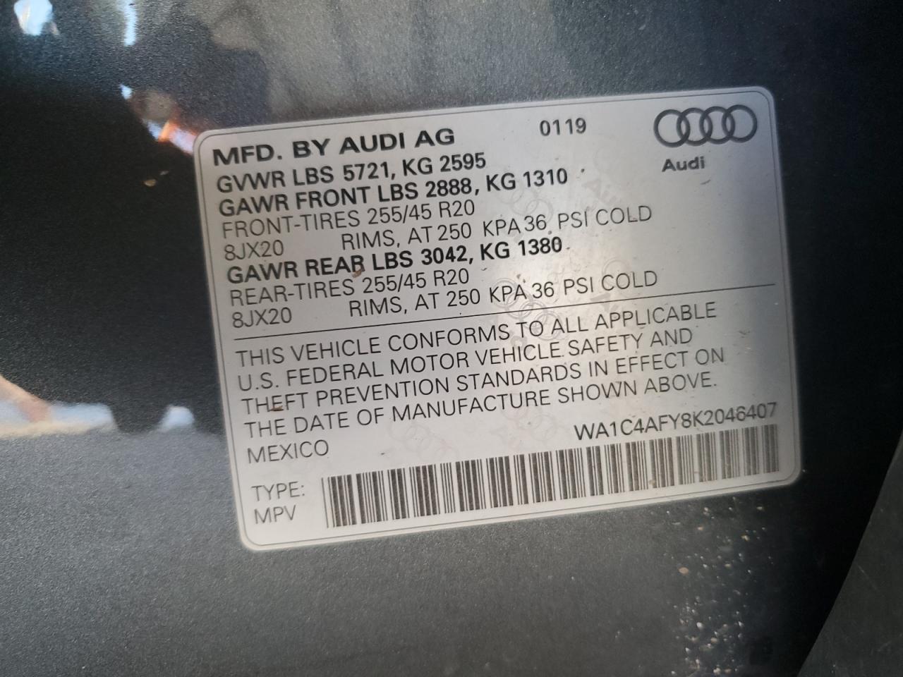 WA1C4AFY8K2046407 2019 Audi Sq5 Prestige