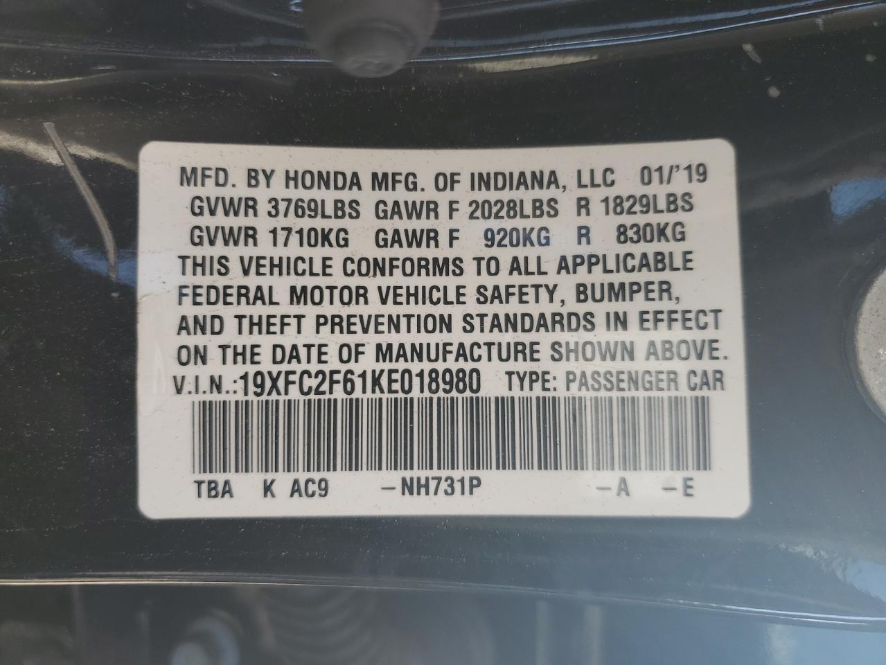 19XFC2F61KE018980 2019 Honda Civic Lx 19XFC2F61KE018980 2019 Honda Civic Lx